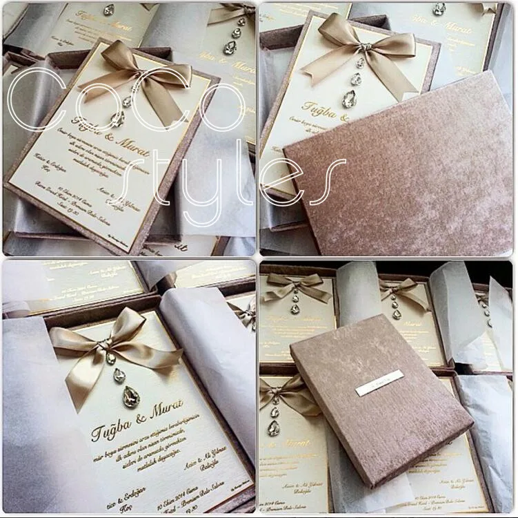  Cocostyles custom luxury velvet foiling boxed invitation card with crystal and ribbon or lace bows  - 32865029973
