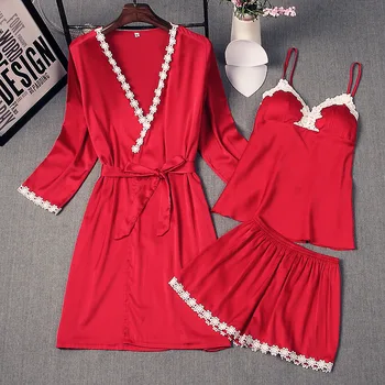 

Womens 3PC Strap Top Pants Suit Pajamas Sleepwear Sets Spring Home Wear Nightwear Sexy Kimono Robe Bath Gown Bathrobe M-XL