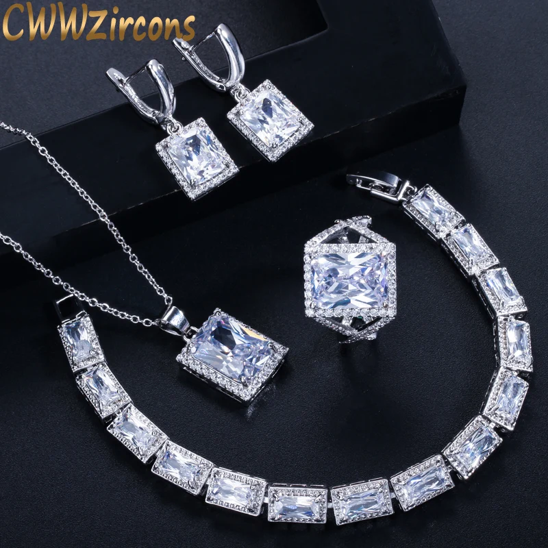 

CWWZircons Classic Princess Cut Engagement Party CZ Zircon Bracelet Ring Necklace and Earring Jewelry Set for Bridesmaids T309