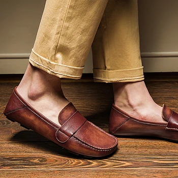 

2020 Men's Handmade Leather Casual Loafers Shoes Breathable Slip On Shoes for Men Free Shipping Brown Coffee Flats BL06-1