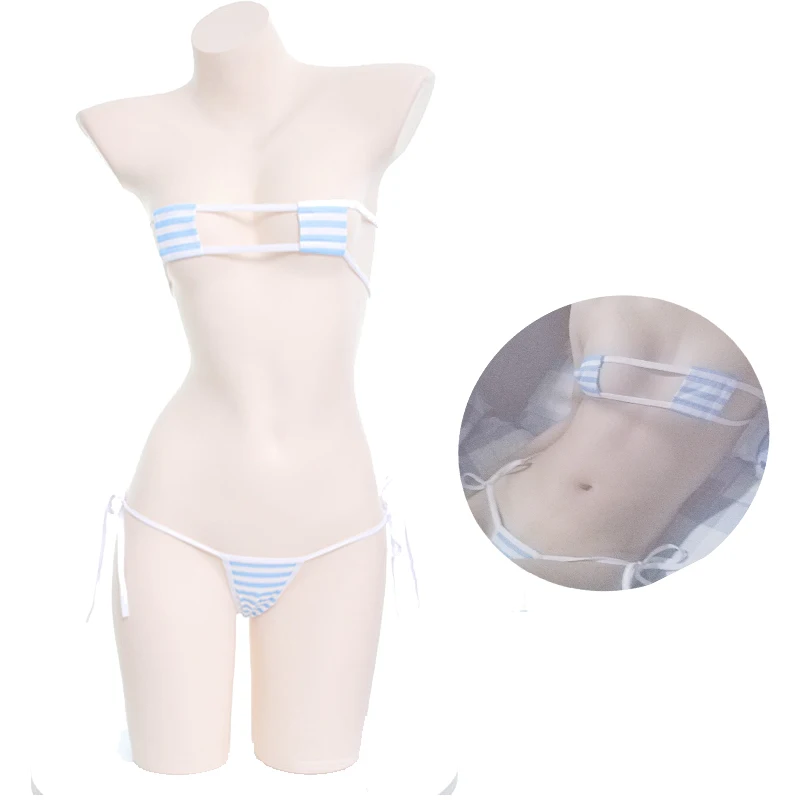 

2PCS Sexy Women kawaii Lingerie Stripe Set Bra &T-back G-string Panties Shimapan Bows Tie Bikin Cute Exotic Apparel 2WAYS WEAR