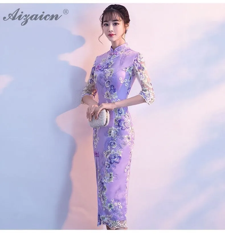 Фиолетовый Вышивка Cheongsam Длинные платья оригинальный Femme элегантный тонкий Qi Pao женское традиционное китайское платье халат Ципао