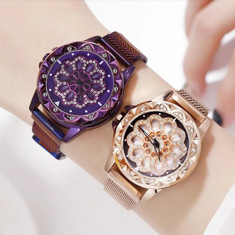 Новые женские часы-браслет, женские вращающиеся магнитные часы, модные женские кварцевые наручные часы с кристаллами, reloj femenino