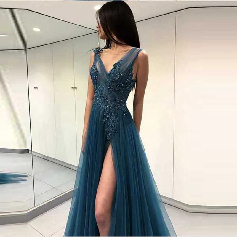 Sexy V Neck Evening Dress Long Side Split Tulle with Lace Appliqued Beading Sleeveless Evening Gowns Party Gowns Robe De Soiree Sexy V Neck Evening Dress Long Side Split Tulle with Lace Appliqued Beading Sleeveless Evening Gowns Party Gowns Robe De Soiree