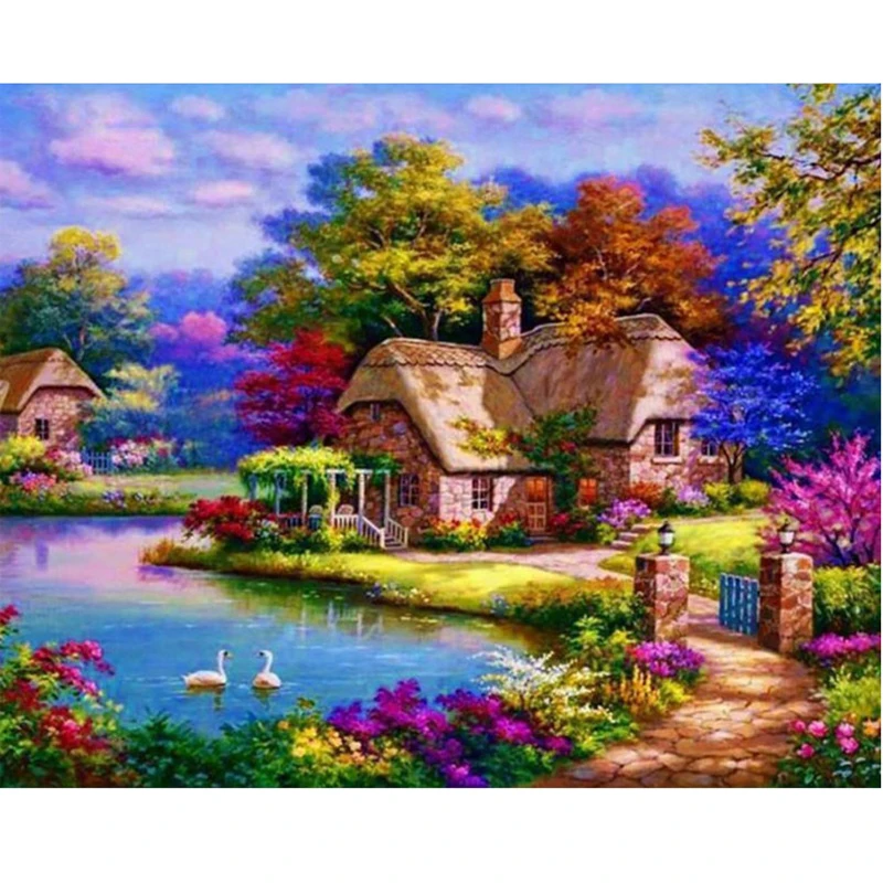 

New Diy 5d Rhinestones Square Drill Mosaic Diamond Painting Cross Stitch Kits Diamond Embroidery Garden Cottage Swans Handcraft