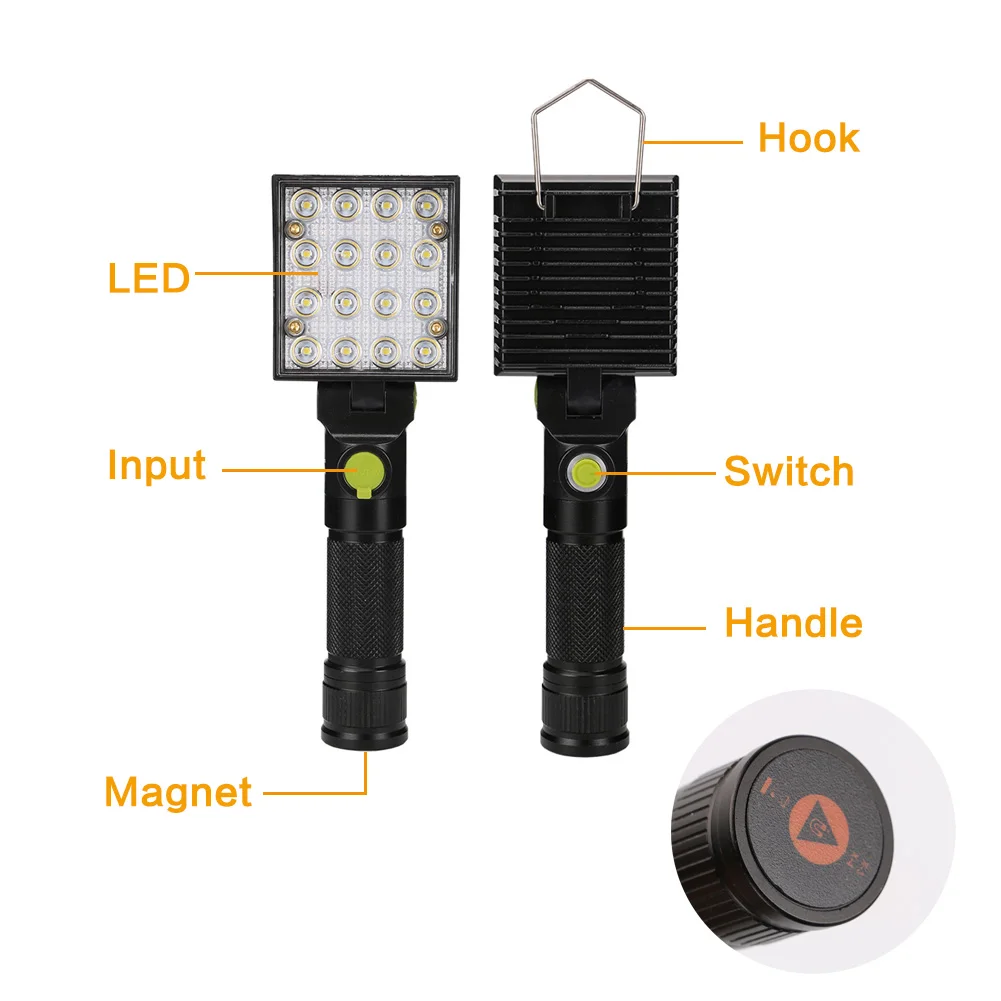 16 светодиодный фонарик USB Перезаряжаемый Рабочий фонарь 4 режима магнит крюк факел Лампа для светоПредупреждение спасательный Маяк световой поток