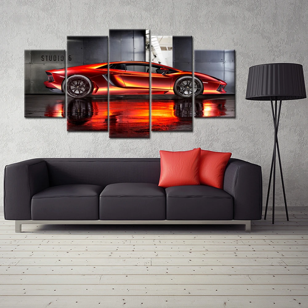 5 Panels HD Pritned SuperCar Canvas Painting Red Sports Car Canvas Art
