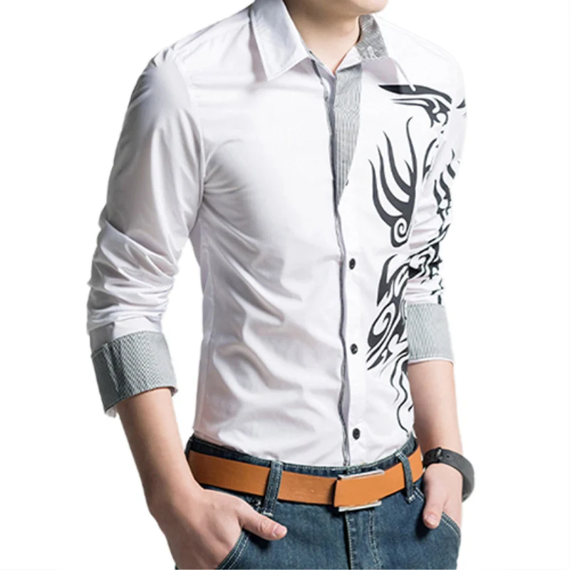 

Fashion Dragon Pattern Printing Shirt Long Sleeve Slim Fit Lapel Top For Men