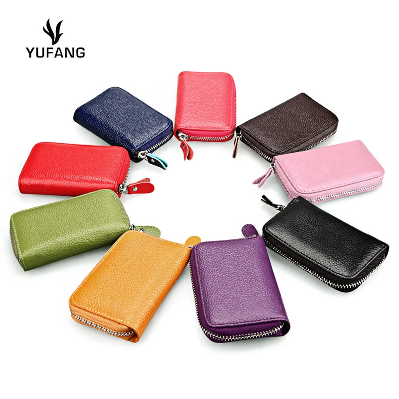 

YUFANG Organizer Business RFID Credit Card Holder Genuine Leather Cowhide brand small Women Travel Card Bag Men Small Wallets