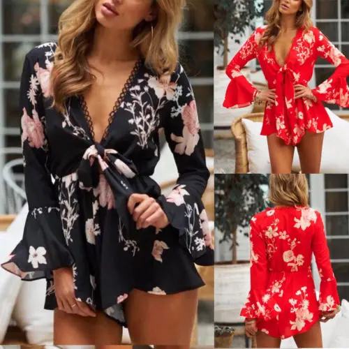

Trendy Women Summer Floral Print V Neck Holiday Playsuit Flare Sleeve Ladies Bodycon Casual Romper Bandage