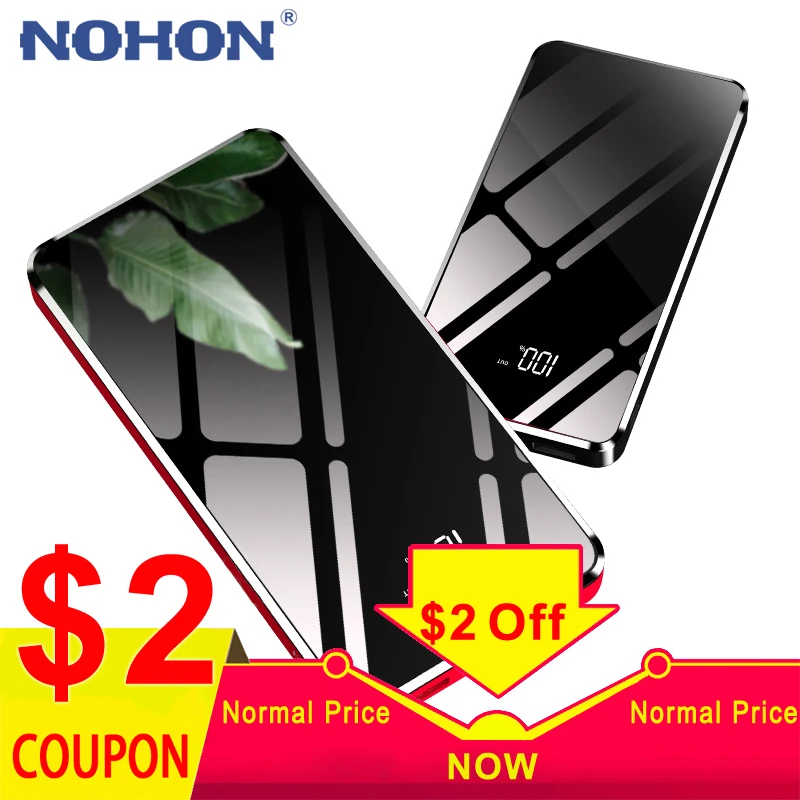 

NOHON 10000mAh Portable Universal Power Bank Dual USB Ports 2.1A Output Fast Charger Phone External Battery With Double LED Lamp