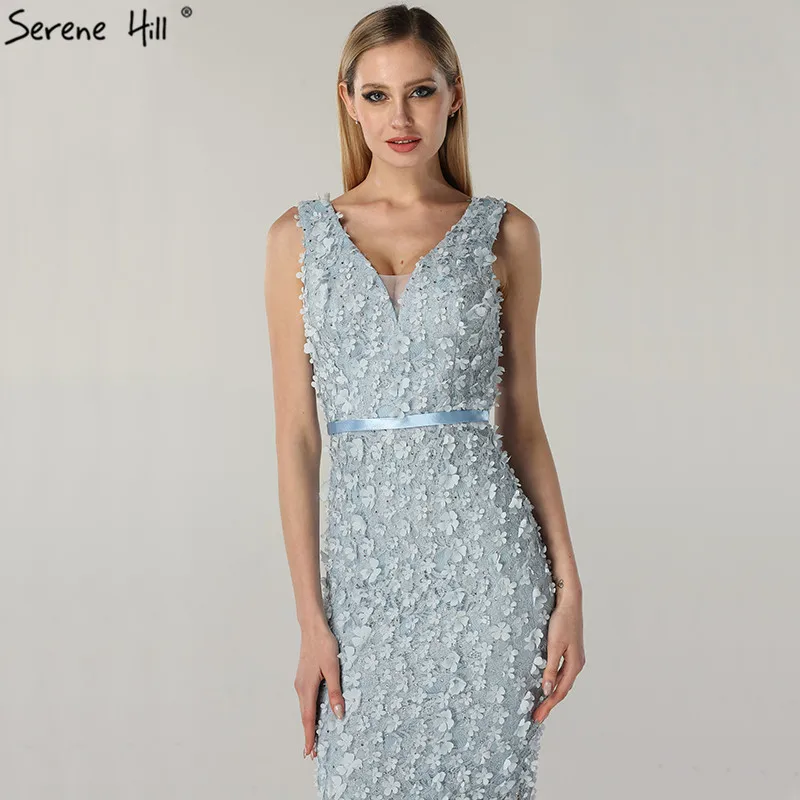 Blue V-Neck Sleeveless Sexy Cocktail Dress Handmade Flowers Pearls Fashion Elegant Evening Gowns Serene Hill LA6664
