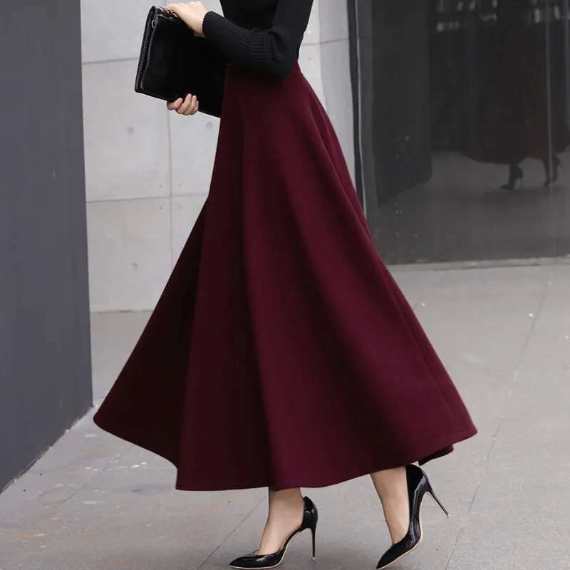 Осенне-зимняя теплая юбка, эластичная юбка с высокой талией, повседневные юбки трапециевидной формы, Женская однотонная длинная юбка-пачка большого размера