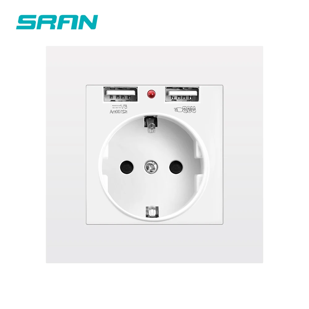 SRAN EU power socket,socket with USB for home ,16A 250V dual usb 5V 2A PC Panel 86mm*86mm wall usb socket smart LED on/off