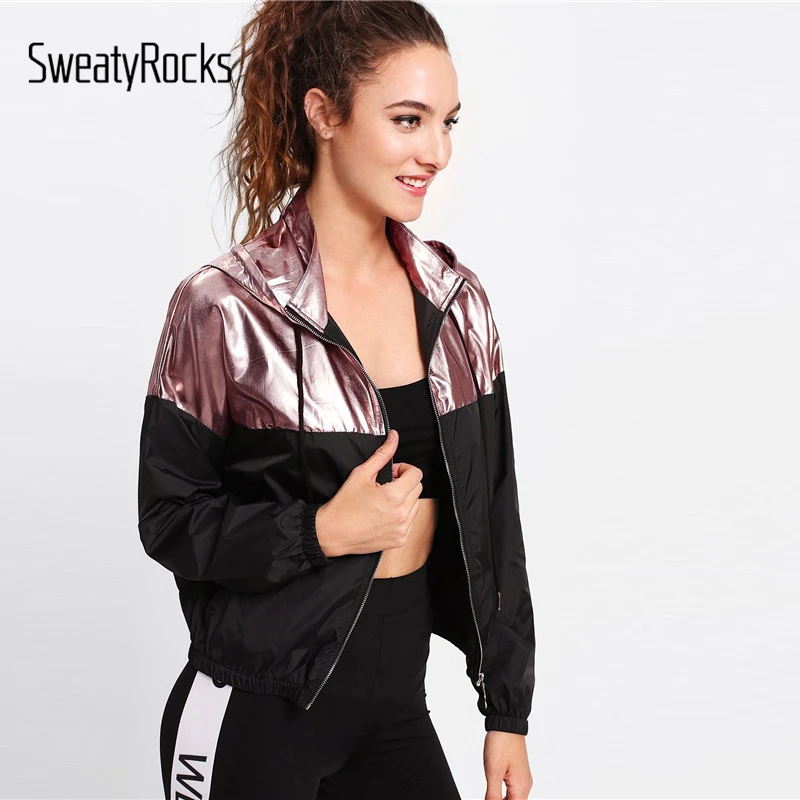 SweatyRocks عارضة البريدي جبهتين لهجة مقنعين سترة اللون كتلة خليط الرياضية 2018 موضة الرسوم الزاهية الخريف النساء أعلى