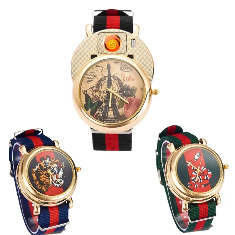 

USB Charging Lighter Watch Men Creative Bee Striped Fabric Sports Wristwatch Replaceable Tungsten Windproof Cigarette Lighter PJ