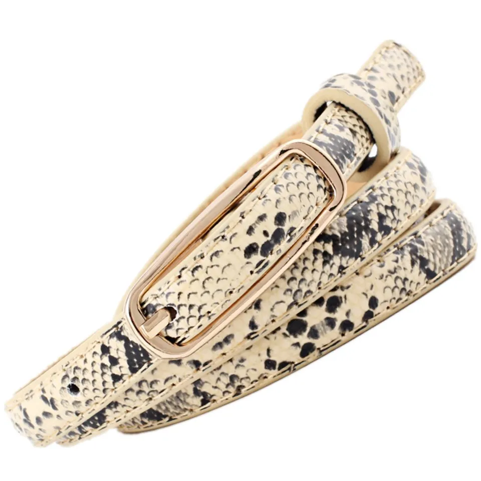

HUOBAO Fashion1cm Wide Black White Snake Narrow PU Leather Women Belt Gold Square Alloy Pin Buckle Female Waistband Jeans Belts
