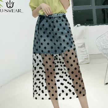 

Fashion Polka Dot Mesh Patchwork Denim Skirt Streetwear Women Short Pencil Skirts Casual Pockets Bottoms 2020 Summer Women