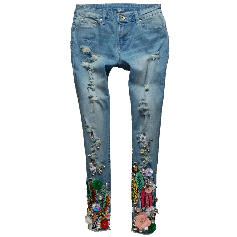 

2019 autumn Floral Embroidery Jeans women Skinny Casual Denim jeans mid waist ankle length jeans plus size 25-31