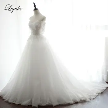 

Liyuke Marvelous Tulle Off The Shoulder Wedding Dress Sweetheart A-Line Wedding Gown Appliques Ruched Pleats Vestido De Noiva