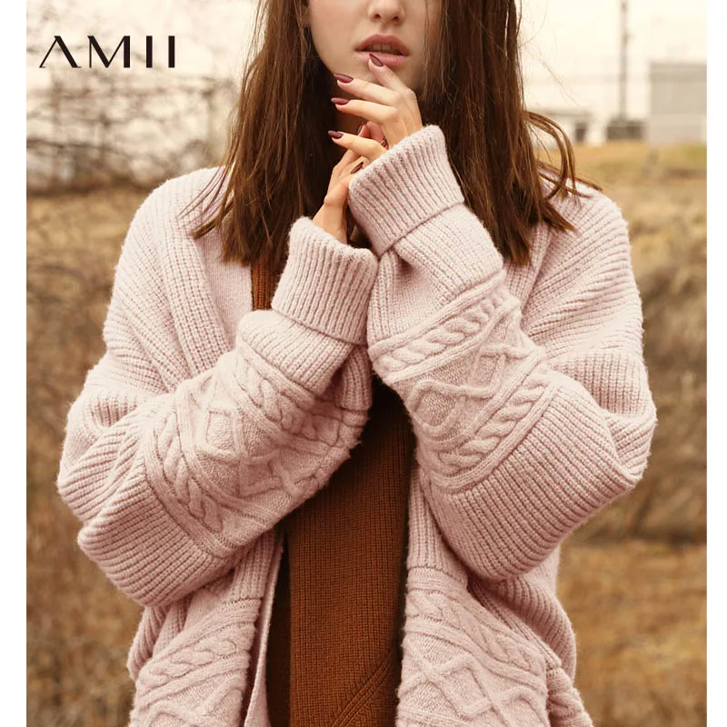 

Amii Minimalist Cardigan Women Sweater Autumn 2019 Preppy Style Solid Loose Patchwork Vintage Female Sweater Knitted Coat