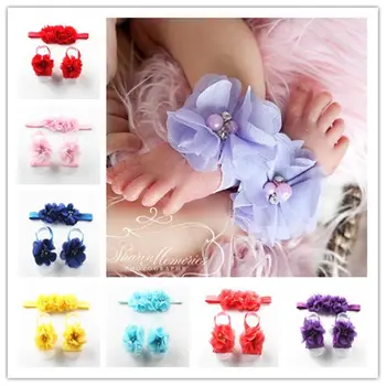 

3 sets/lot New Fashion Newborn Baby Flower Headband Barefoot Sandal Sets Satin Flower Hair Accessories Baby Photography
