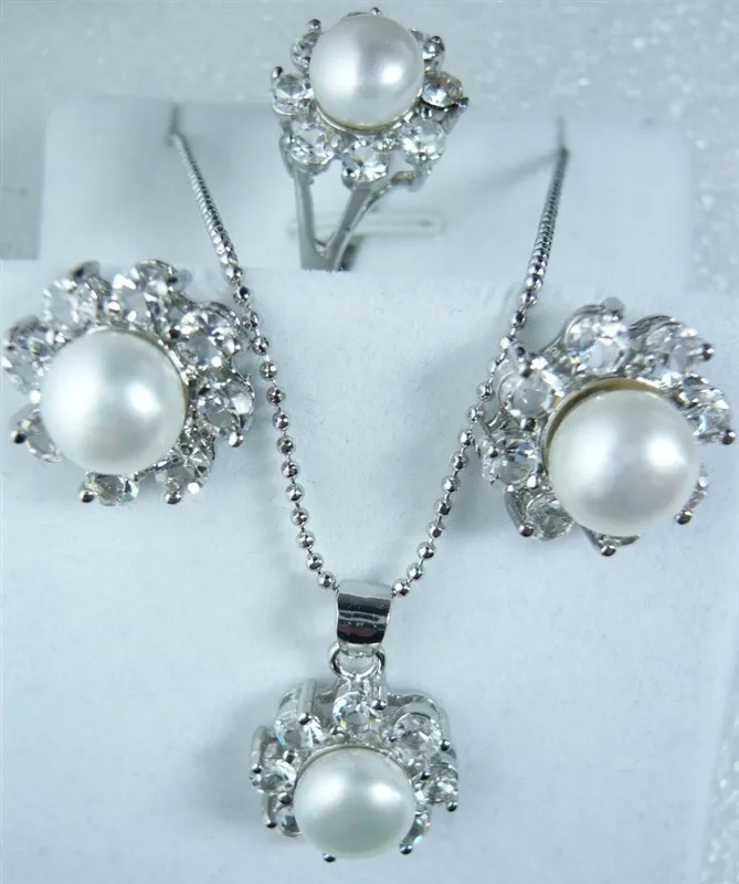

wholesale simple white shell pearl silver plated pendant earring and ring(#7.8.9) jewelry set 001 (D)
