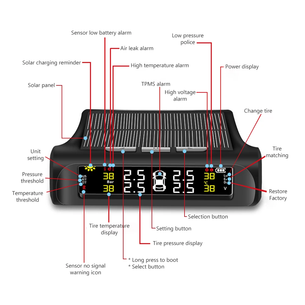 AOSHIKE автомобильных шин Давление Системы TPMS цифровой ЖК дисплей Дисплей солнечный