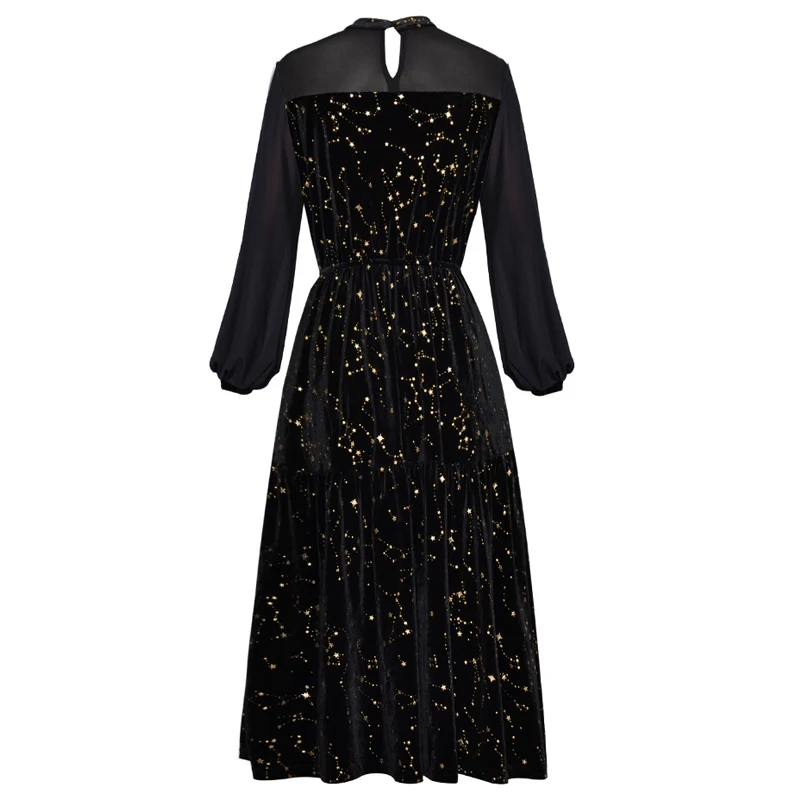 Черное бархатное платье в стиле пэчворк с золотыми звездами и позолотой, с прозрачной сеткой, с воротником-стойкой, с длинным рукавом, с эластичной резинкой на талии, с рюшами, миди платье