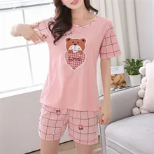Yaz genç kız kısa kollu pamuklu pijama kadınlar için sevimli gecelik rahat ev hizmeti kısa pijama M-2XL