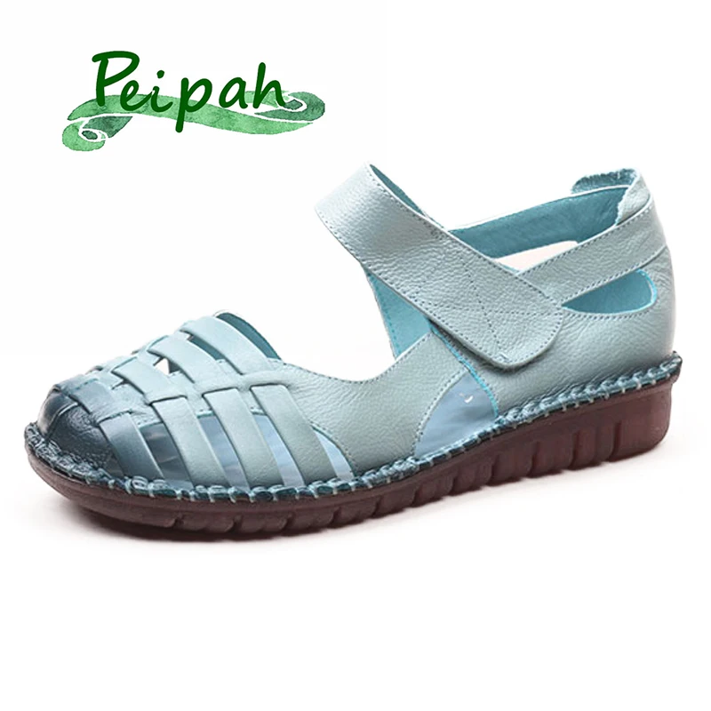 

PEIPAH 2019 New Genuine Leather Women Sandals Summer Flat Shoes Woman Front & Rear Strap Women Flat Sandals Sandalias Mujer