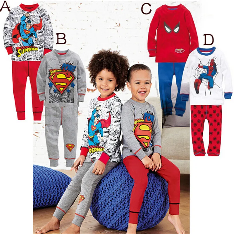

100% Cotton Kids Pajamas Long Sleeve Superman Batman Hero T Shirt + Pant 2pcs Outfit Children Clothing Sleepwear Clothing