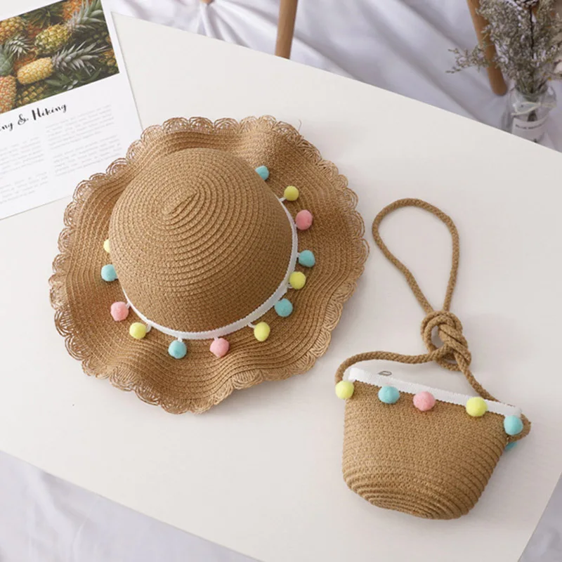 New Hat Bag Set Wavy Straw Hats Colored Balls Cap Single Shoulder Bag for Kids Spring Summer Beach LMH66