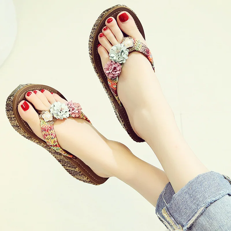 

Women Summer Slippers Flower Straw Slippers Beach Shoes Breathable Flip Flogs Woman Slippers Thick Bottom Zapatos De Mujer 35-40