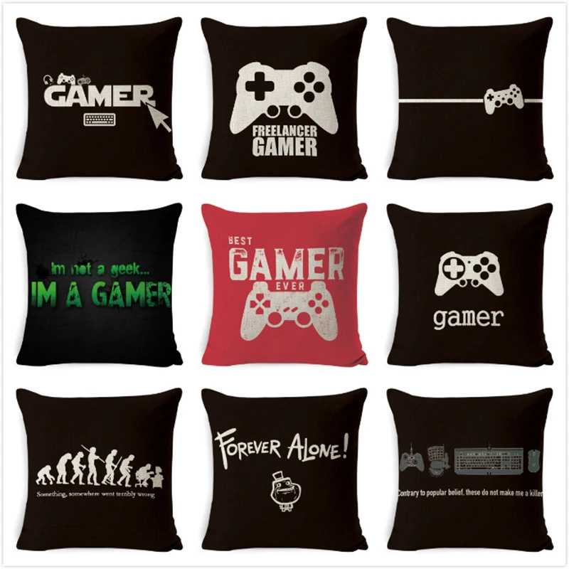 

Game Cushion Cover Pillow Case Evolution Word Keyboard Handle Mouse Headset Throw Pillow Cover Gamer Chair Car Decor Pillowcases