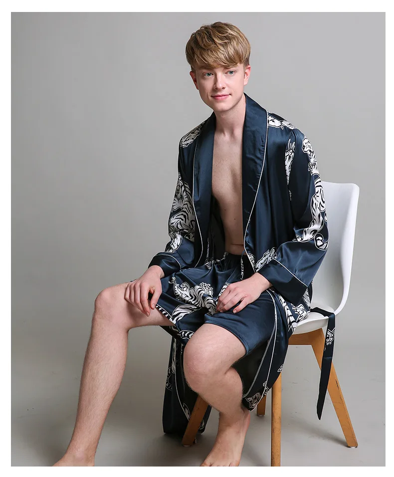 Two-Pieces Silk Nightgown Satin male Sleepwear Loose Tiger Dress Silky Long Sleeve Robe and Long Pants bathrobe set for Men mens pjs