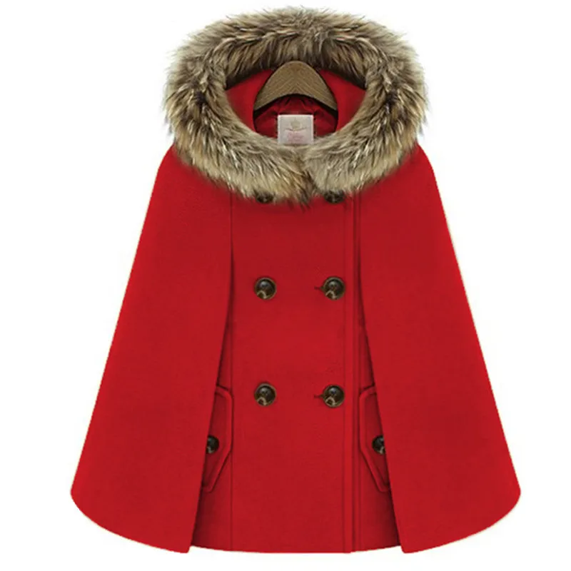 

Autumn Winter Double-Breasted Cloak Cape Woollen Coat Women Red Fur Hooded Tweed Poncho Thick Warm Batwing Sleeve Loose Outwear