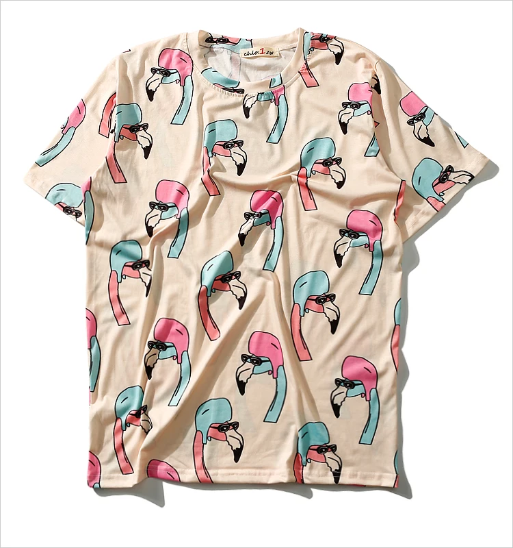 

2018 Hot sales Harajuku style Flamingo Printed Flowers Sweet Student girl Short sleeve Loose O-Neck T shirt Apricot Tide Tees