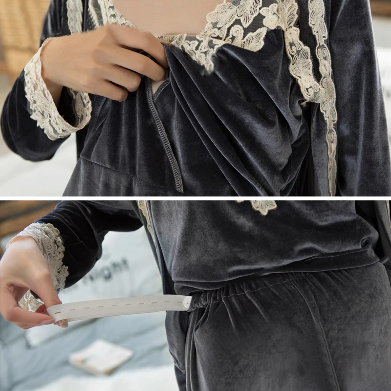 3 Pcs/Set Maternity Pajamas Pregnancy Clothes Nursing Sleepwear Fashion Gold Velvet Breastfeeding Pajamas Maternity Clothes A207
