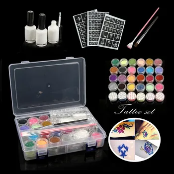 

Glitter Tattoo Set 24 Color Glitter & 6 Luminous powder &118 Themed Temporary Tattoo Stencils&3 Glue&2 Glitter Brushes