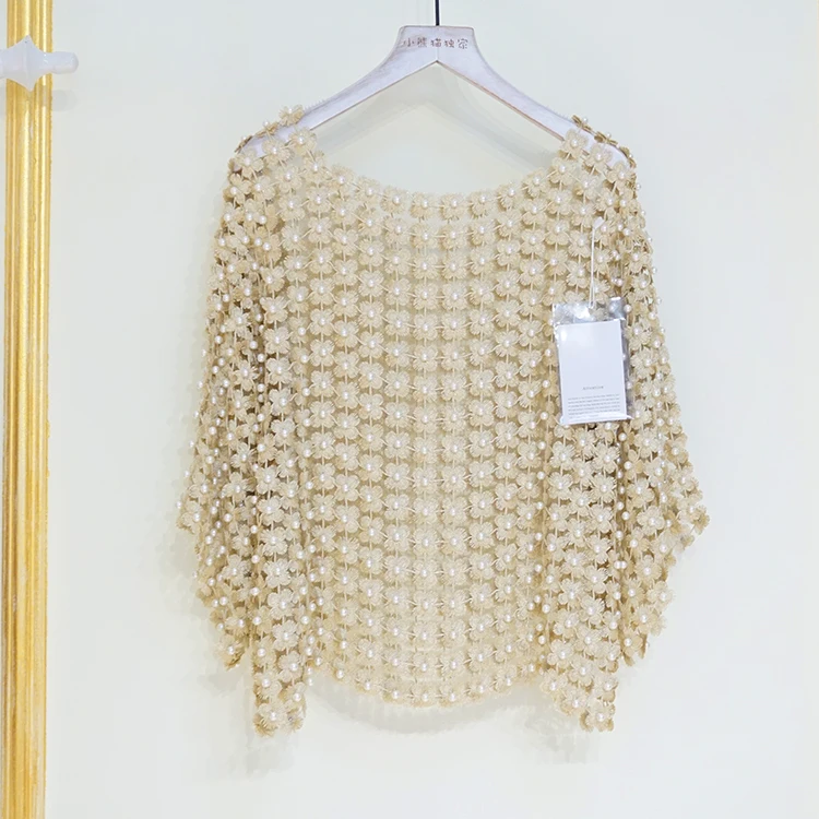 

Women's Celebrity Handwork Pearls Beading Hollow Out Half Sleeves Top Loose Shirts Summer White Slim Fit A530