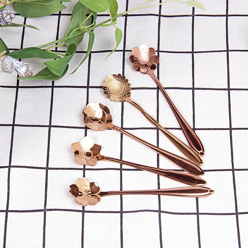 

5Pcs Tableware Flower Shape Sugar Stainless Steel Rose Gold Tea Coffee Spoon Teaspoons Ice Cream Flatware Kitchen Tool