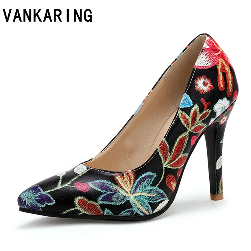 

VANKARING Brand thin high heels shoes women dress ladies pointed toe shoes pumps sexy spring printing leather office lady shoes