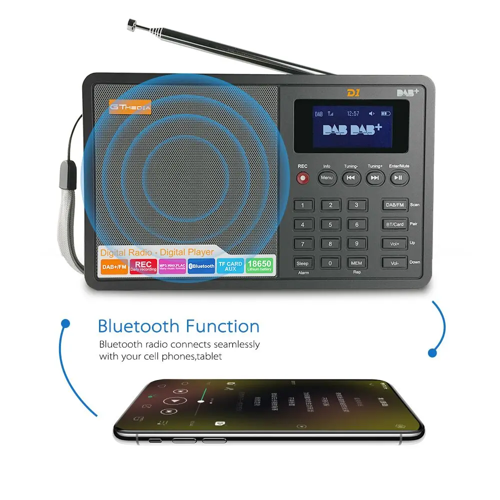 Bluetooth динамик перезаряжаемый портативный GTMEDIA D1 радио приемник Fmstereo/RDS DAB радио Поддержка TF карта проигрыватель RDS музыкальные файлы