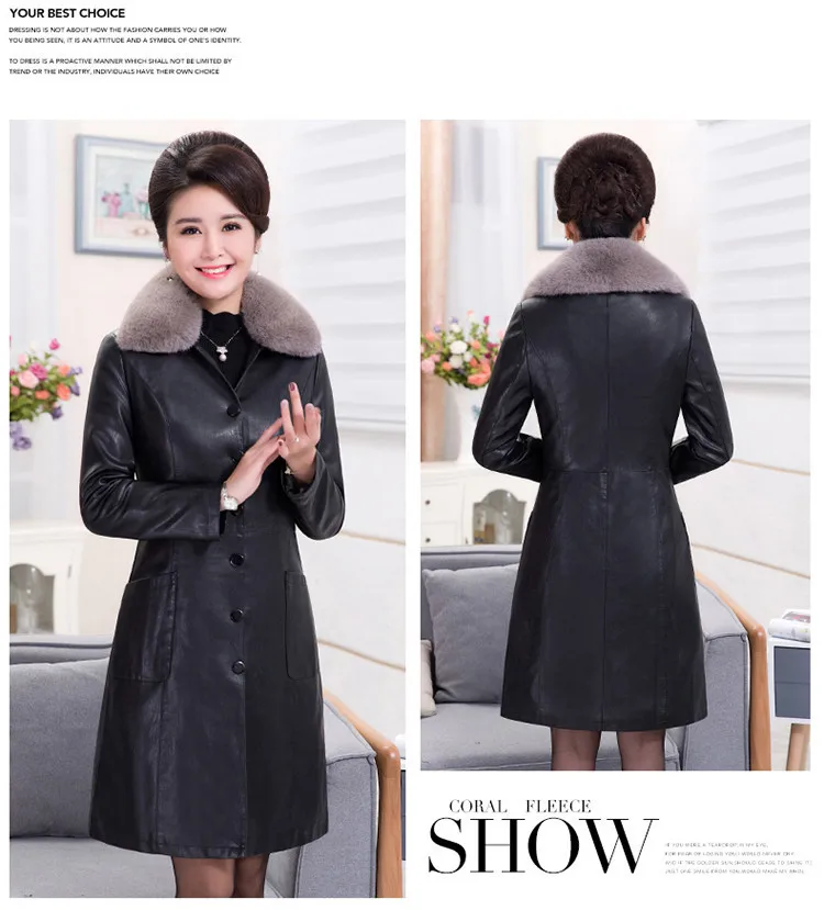 Middle Aged Women Winter Long Jacket Leather Coat Plus Size 6XL Fur Collar Jackets Elegant Women Padded Coat Button CH742 (17)