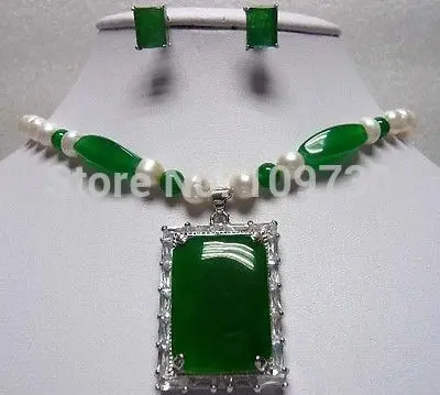 

Jewelry 00798 white pearl &green jade necklace pendant earring (A0423)