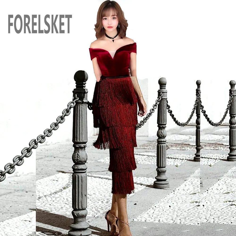 

2019 Spring Summer Tea Length Tassel Evening Dress Dancing Dress Formal Party Dress Robe De Soiree Burgundy Short Prom Dresses