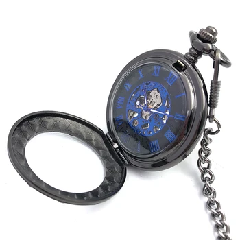 

Blue Dial See Though Black Case Clock Skeleton Watch Mechanical Pocket Watch Men Vintage Hand Wind ClockPocket Watches w/Chain