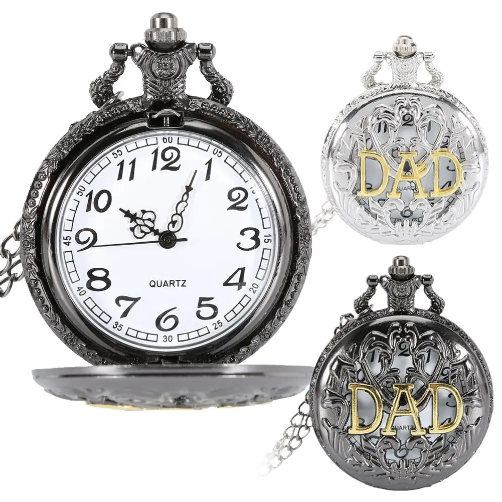 Vintage Hollow DAD Design Pocket Watch Pendant Necklace Men Happy