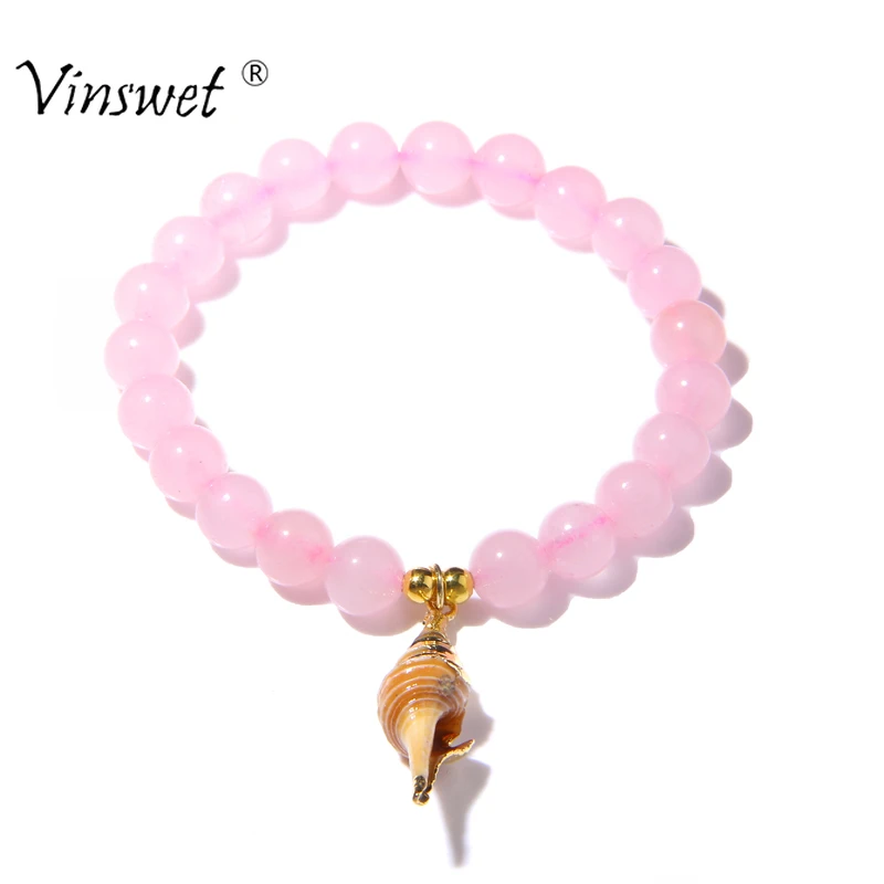 

Natural Rose Quartzs Stone Beaded Bracelet Conch Shell Charm Bracelets for Women Men Fashion Yoga Jewelry Wholesale